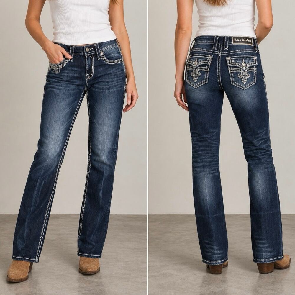 Rock Revival Kai Straight Jeans Womens 26 Dark Wash Embellished Distressed Denim